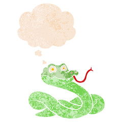 cartoon snake and thought bubble in retro textured style