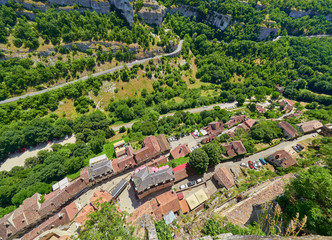 Top view from the castle of the valley and the main street of the medieval french village of...