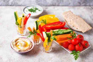 Healthy snacks. Vegetables and hummus