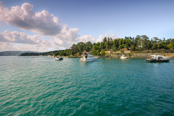 Turquoise colored bay in Istanbul on a sunny summer day.