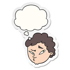 cartoon suspicious man and thought bubble as a printed sticker