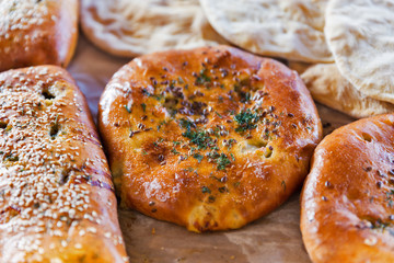 Freshly baked oriental cakes with various fillings