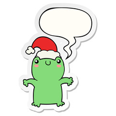 cute cartoon frog wearing christmas hat and speech bubble sticker