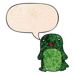 cartoon penguin and speech bubble in retro texture style