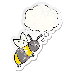 cute cartoon bee and thought bubble as a distressed worn sticker