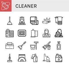 Set of cleaner icons such as Soap, Plunger, Maid, Towel, Washing, Towels, Paper towel, Vacuum cleaner, Tissue, Mop, Broom, Napkin holder, Cleaner ,