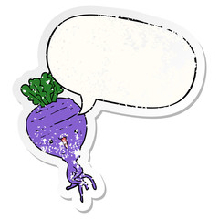 cartoon turnip and speech bubble distressed sticker