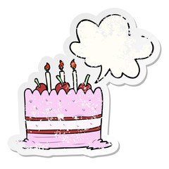 cartoon birthday cake and speech bubble distressed sticker