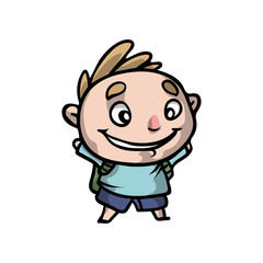 Cute funny blonde school boy with green backpack