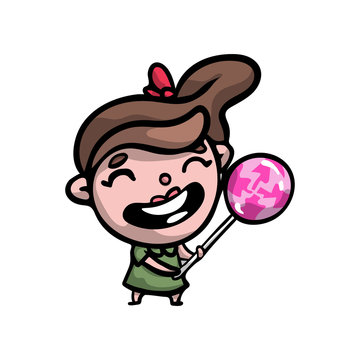 recommend clip art: Funny kid girl in green dress with big swirl lollipop