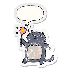 cartoon cat and flower and speech bubble distressed sticker