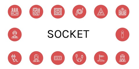 Set of socket icons such as Power transformer, Multimeter, Socket, Data cable, Voltage, Vga, Plug, Electrician, Wind socket, Usb ,