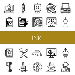Set of ink icons such as Fountain pen, Paint bucket, Cartridge, Photocopier, Canvas, Art, Rgb, Printer, Guillotine, Brushes, Paint brush, Brush, Pen, Cmyk, Pen tool, Poet , ink