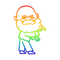 rainbow gradient line drawing cartoon man with beard frowning and pointing