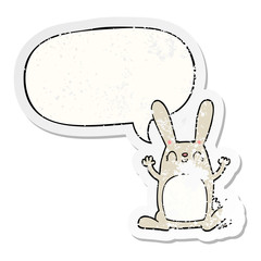 cartoon rabbit and speech bubble distressed sticker