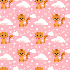 Fototapeta premium Seamless pattern with smiling little ginger striped cat with pink bow on its neck.