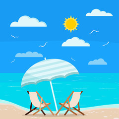 Vector illustration of summer holiday sea viewf flat design cartoon style seascape background.