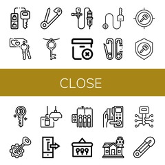 Set of close icons such as Car key, Key, Safety pin, Lavalier, Delete package, Turn off, Logout, Elevator, Keys, Padlock , close