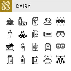 Set of dairy icons such as Curd, Ice cream shop, Cream, Condensed milk, Shellfish, Calcium, Baby bottle, Milk, Butter, Cheese, Milk bottle, Mayonnaise, Yogurt, Juice box , dairy