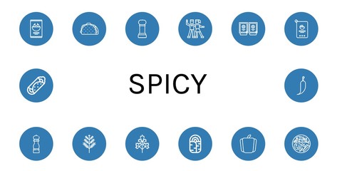 Set of spicy icons such as Nachos, Taco, Grinder, Salsa, Sauces, Mayonnaise, Pepper, Dill, Parsley, Burrito, Thai food, Hot pepper , spicy