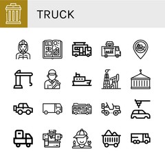 Set of truck icons such as Garbage, Firefighter, Agriculture, Caravan, Food truck, Ship, Crane, Mechanic, Oil mining, Off road, Cargo truck, Bus, Jeep, Automobile, Delivery ,