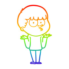 rainbow gradient line drawing cartoon curious boy shrugging shoulders