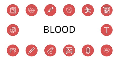 Set of blood icons such as Medical appointment, Give, Syringe, Drop, Mosquito, Hospital, Otoscope, Blood sample, Electrocardiogram, Blood transfusion, Heart rate, Artificial heart ,