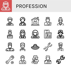 Set of profession icons such as Policewoman, Doctor, User, Chef, Air hostess, Policeman, Flight attendant, Scientist, Nurse, Sun hat, Wrench, Pilot , profession