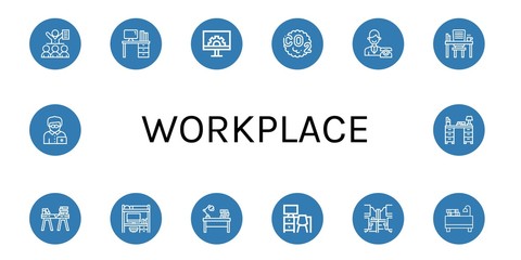 Set of workplace icons such as Meeting, Desk, Engeneering, Co, Reception, Office desk, Office worker , workplace