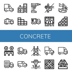 Obraz premium Set of concrete icons such as Cargo truck, Tank truck, Military base, Brick wall, Driller, Crane truck, Construction, Bridge, Stones, Wall, Concrete mixer, Jackhammer , concrete
