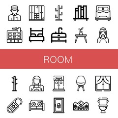 Set of room icons such as Doorman, Hotel, Wardrobe, Bed, Coat stand, Sink, Book shelf, Table, Maid, Coat rack, Do not disturb, Sofa, Entrance, Door, Chair, Hotel de glace , room