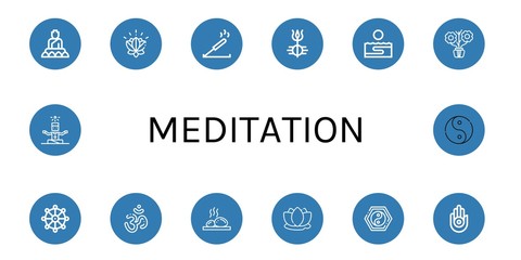 Set of meditation icons such as Buddha, Lotus, Incense, Shiva, Thalassotherapy, Aromatic, Buddhism, Om, Lithotherapy, Yin yang, Jainism, Yoga, Ying yang , meditation