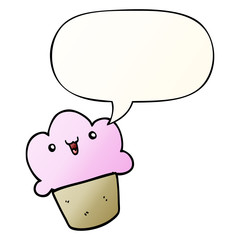 cartoon cupcake and face and speech bubble in smooth gradient style