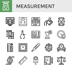 Set of measurement icons such as Scale, Scoreboard, Bathroom scale, Digital clock, Heavy, Hourglass, Measure, Caliper, Thermometer, Clock, Rulers, Stopwatch, Table clock , measurement