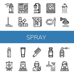 Set of spray icons such as Spray, Mop, Art, Pantone, Shower, Painting, Pharmacy, Deodorant, Canvas, Gel, Maid, Comb, Artist, Drug container, Window cleaner, Sprays, Florist , spray