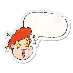 cartoon happy face and speech bubble distressed sticker
