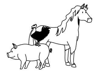 Fototapeta premium farm, animals and farmer cartoon in black and white
