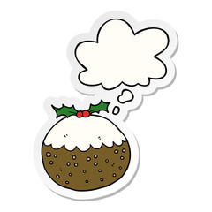 cartoon christmas pudding and thought bubble as a printed sticker