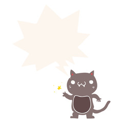 cartoon cat scratching and speech bubble in retro style