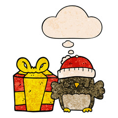 cute christmas owl and thought bubble in grunge texture pattern style
