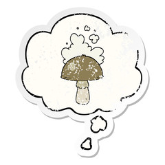 cartoon mushroom with spore cloud and thought bubble as a distressed worn sticker