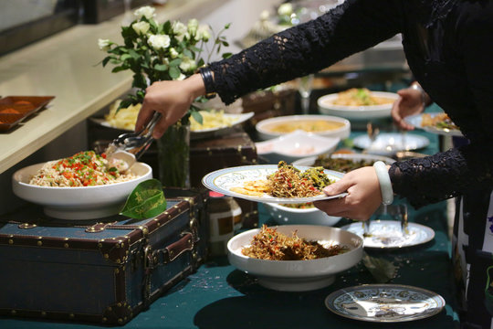 Food buffet at Chinese restaurant, Yunnan food, Lijiang, China.