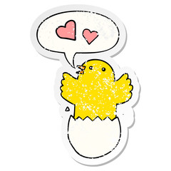 cute hatching chick cartoon and speech bubble distressed sticker