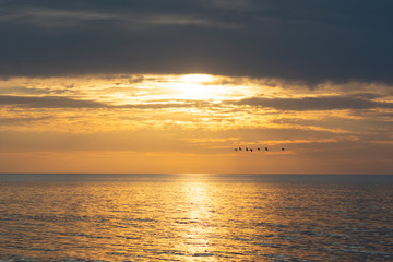 Obraz premium Beautiful fiery sunset sky on the beach. Sunrise over the sea and beautiful cloudscape.