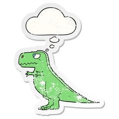 cartoon dinosaur and thought bubble as a distressed worn sticker