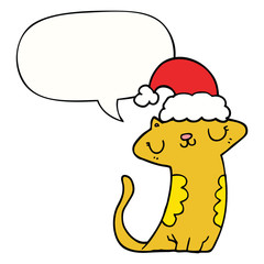 cute cartoon cat wearing christmas hat and speech bubble