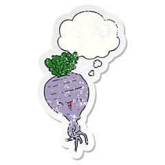 cartoon turnip and thought bubble as a distressed worn sticker