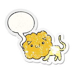 cute cartoon lion and speech bubble distressed sticker