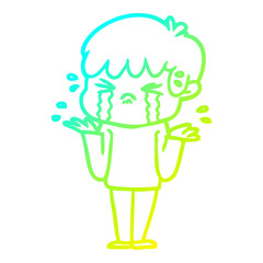 cold gradient line drawing cartoon boy crying and shrugging shoulders