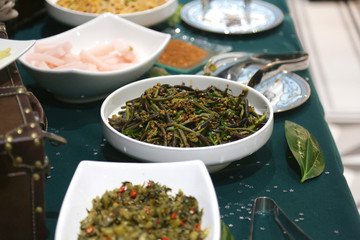 Food buffet at Chinese restaurant, Yunnan food, Lijiang, China.